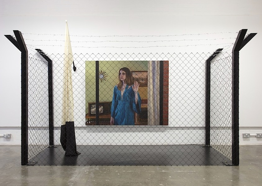 an Cumberland: False Flags [Installation], 2018, oil on linen, household paint, canvas, fabric, steel, barbed wire, varying dimensions [220 x 350 x 160 cm]


